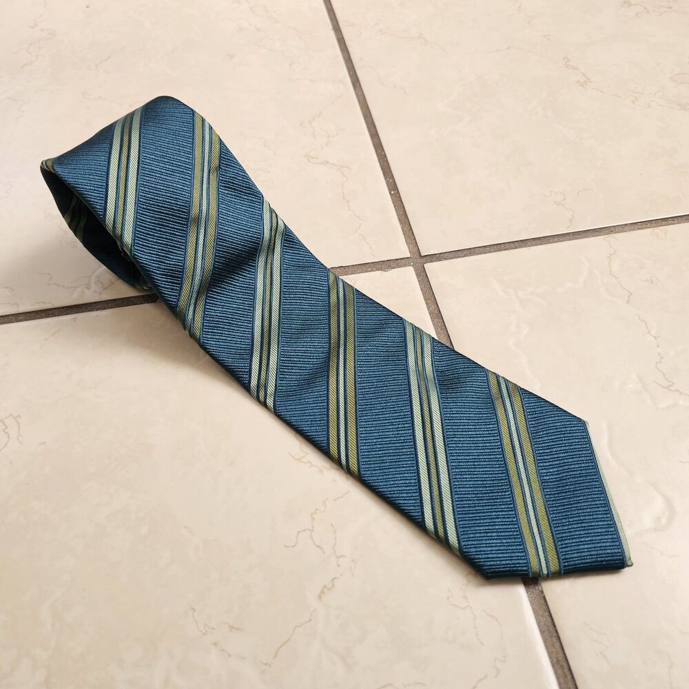 Italian Made Men's 100% Silk Tie Repp Sevenfold Blue Gold Stripe EUC Cadini